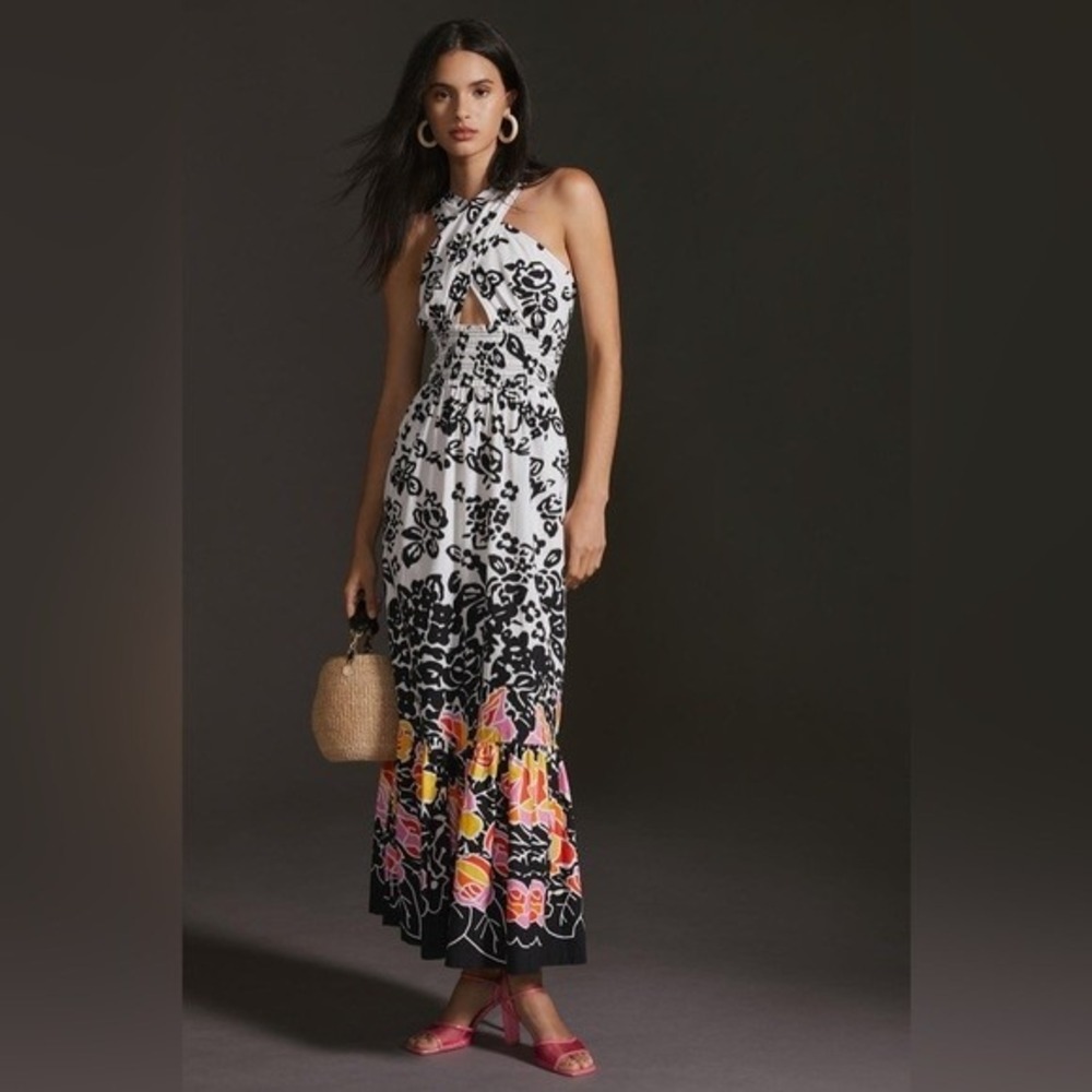 Plenty by Tracy Reese Floral Halter Maxi Dress Smocked Waist Black White Small